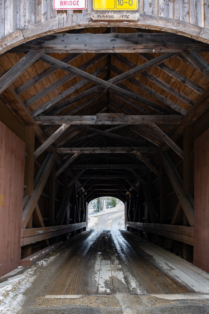 inside Babb's Covered Bridge Gorham Maine wooden beams