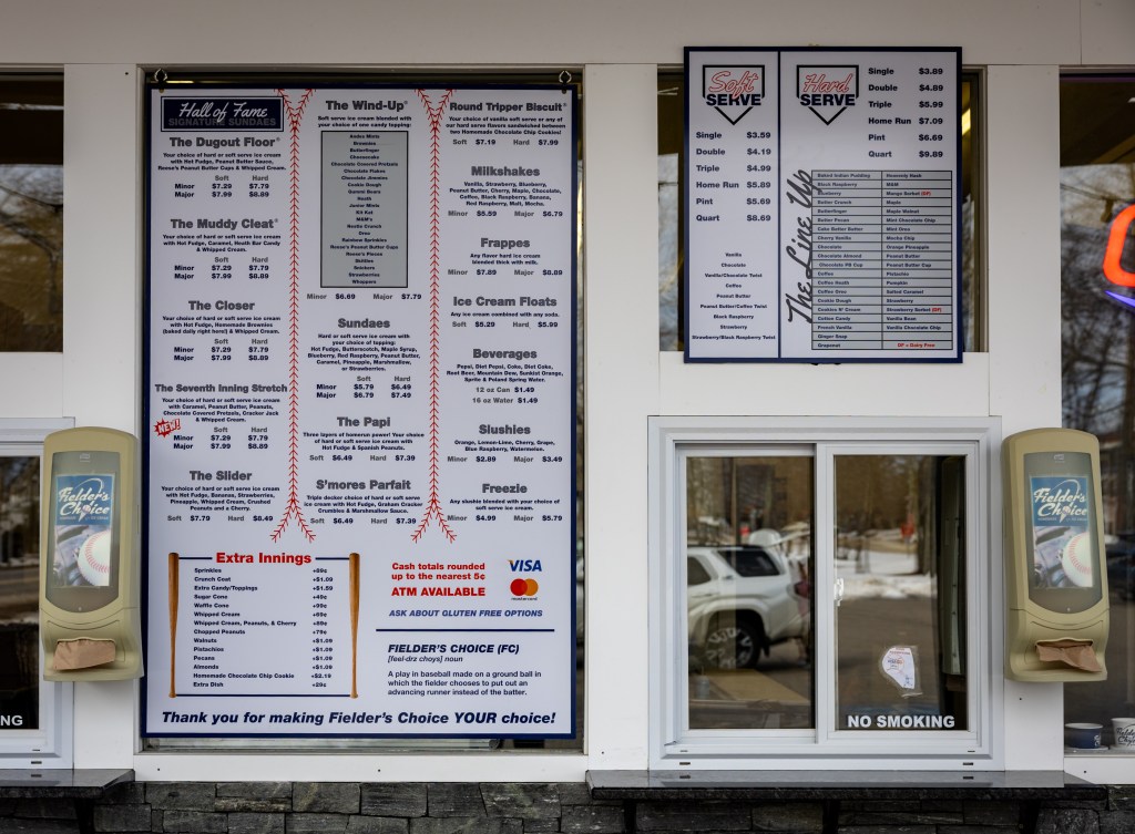 Ice cream menu at Fielder’s Choice