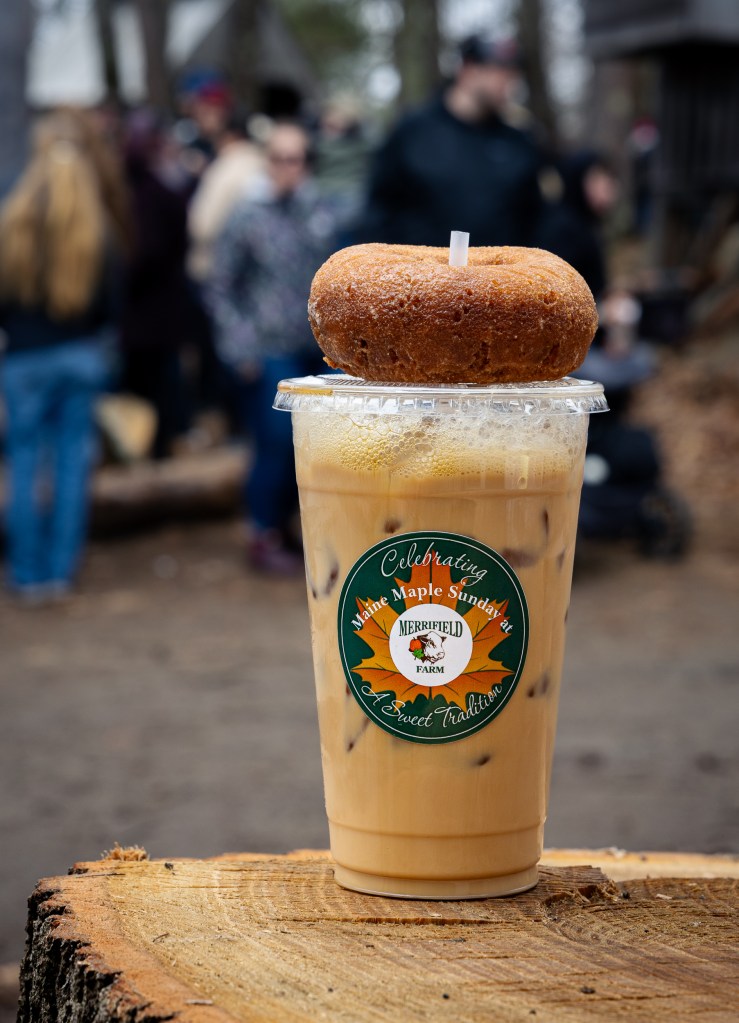 Maine maple sunday iced coffee with maple glazed donut