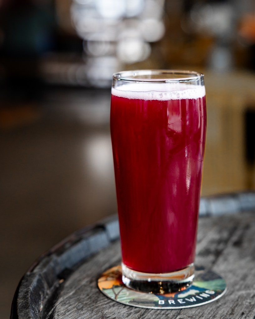 Bright red fruited sour beer in glass